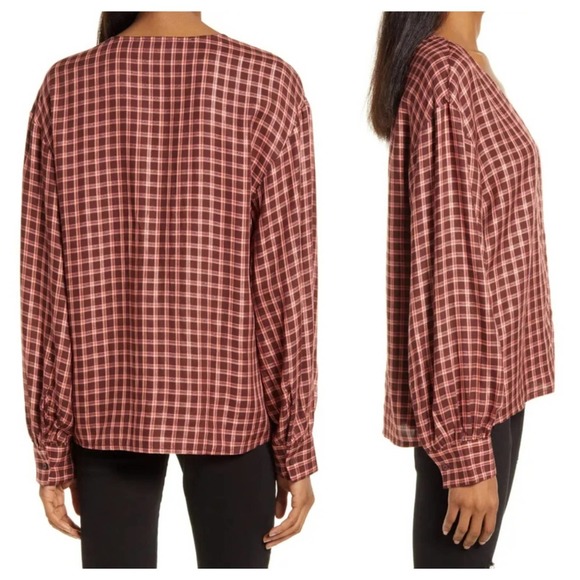 TREASURE & BOND Button Front Long Sleeve Top Brown York Plaid Medium - Picture 2 of 9